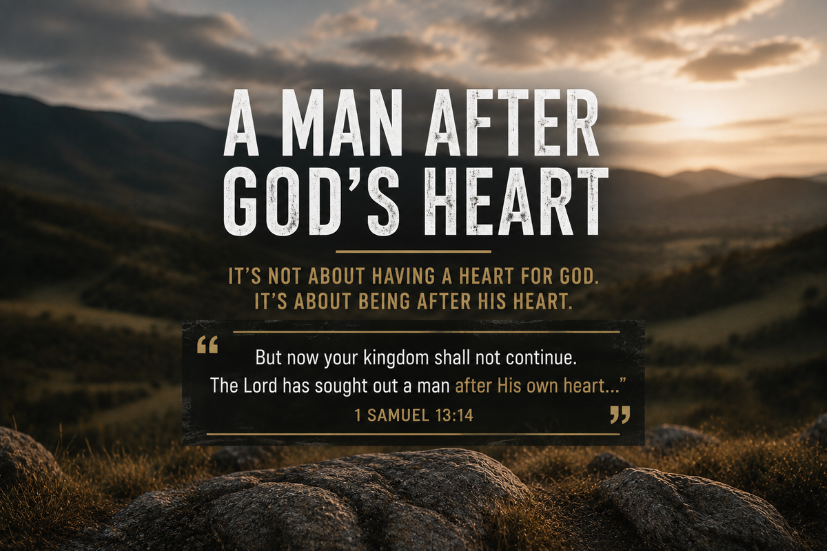 "A Man After God's Heart" title over a mountain valley at sunset, with a quote from 1 Samuel 13:14.