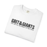 Folded white Grit & Giants Battle Tee featuring The Battle Belongs to the Lord graphic.