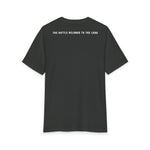 Back of the Deepest Grey Grit & Giants Overcomer Training Tee with The Battle Belongs to the Lord print.