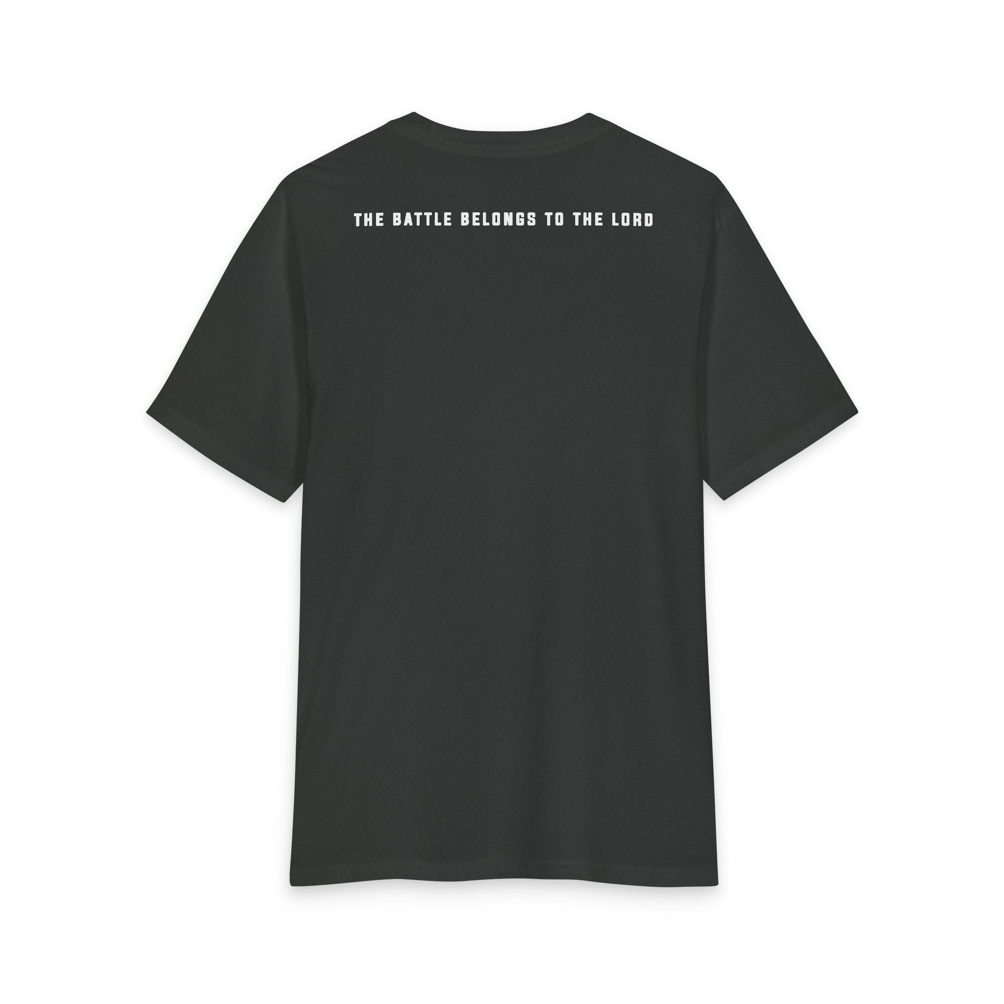 Back of the Deepest Grey Grit & Giants Overcomer Training Tee with The Battle Belongs to the Lord print.