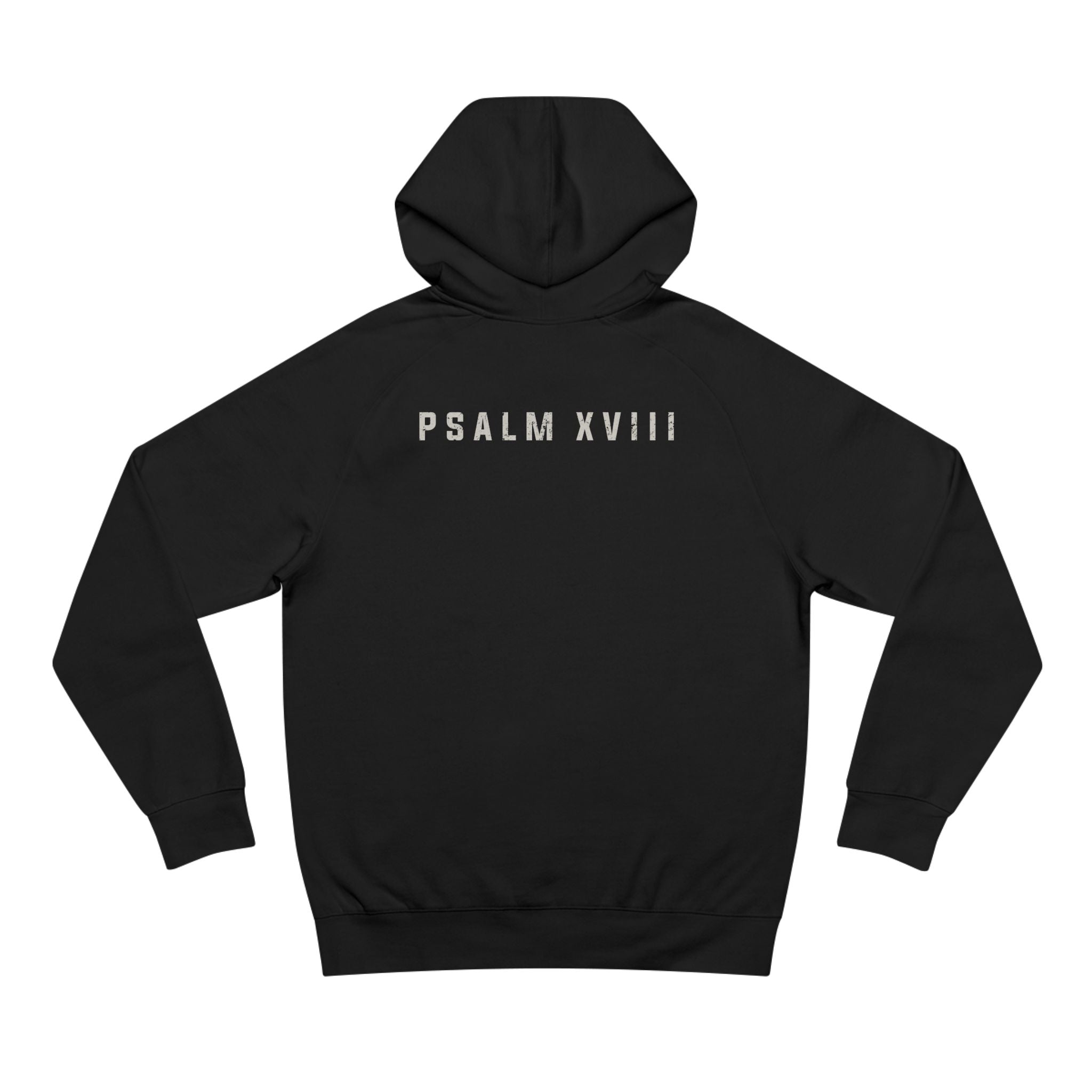 Back of black Grit & Giants Foundation Hoodie featuring Psalm XVIII.