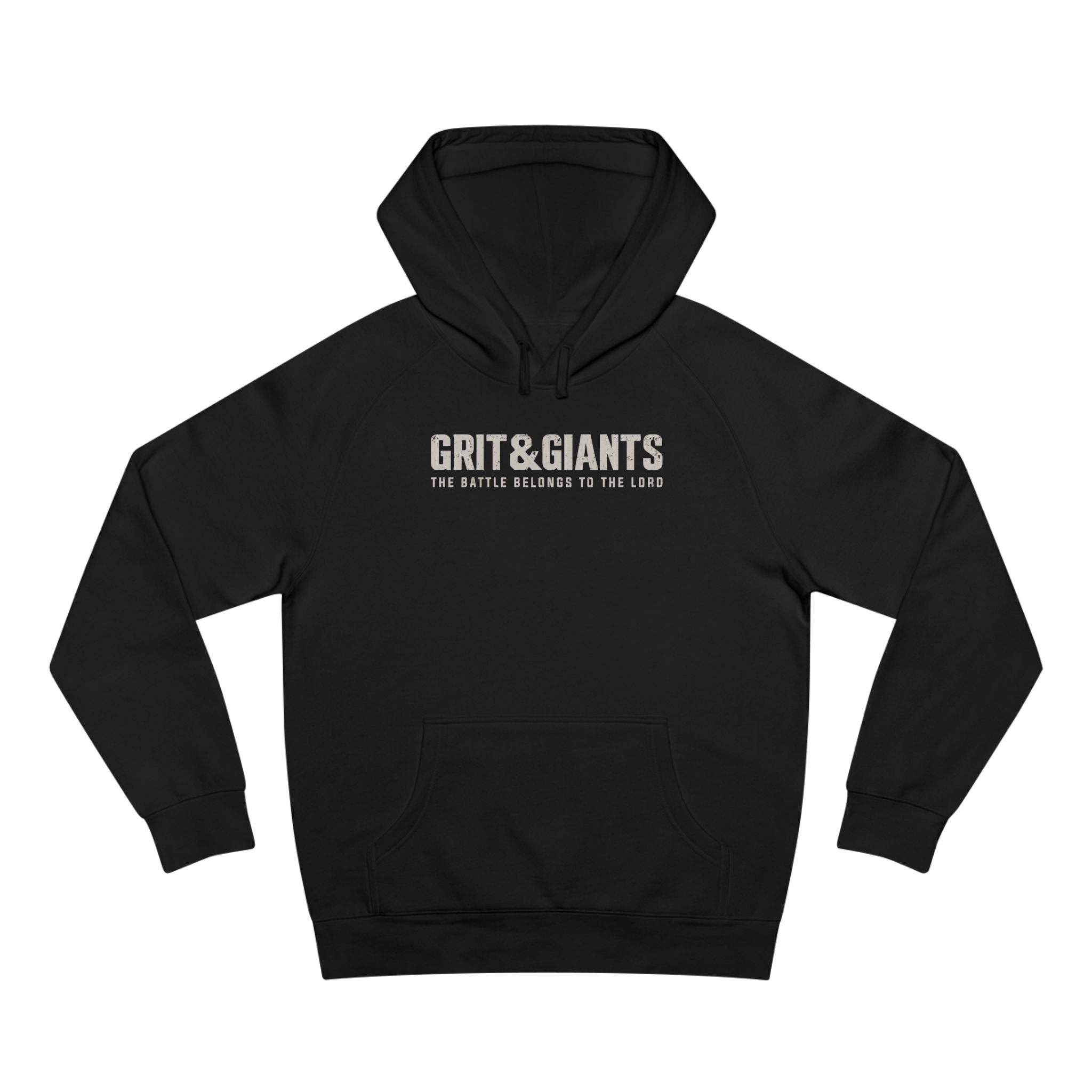 Black Grit & Giants Foundation Hoodie featuring The Battle Belongs to the Lord front graphic.