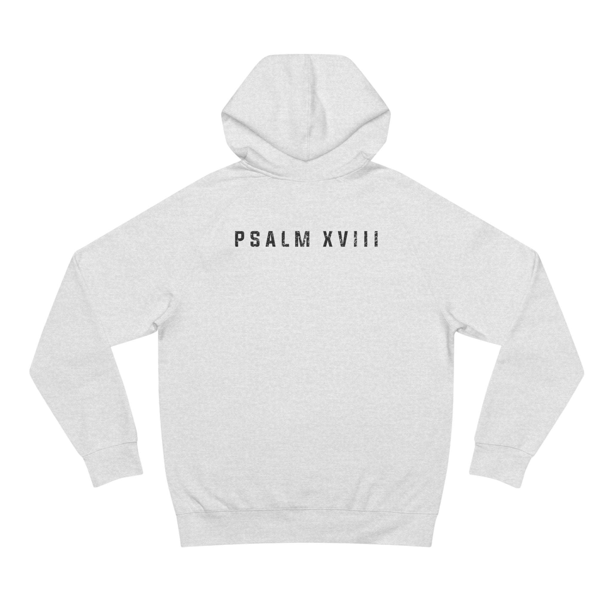 Back of White Heather Grit & Giants Foundation Hoodie featuring Psalm XVIII.