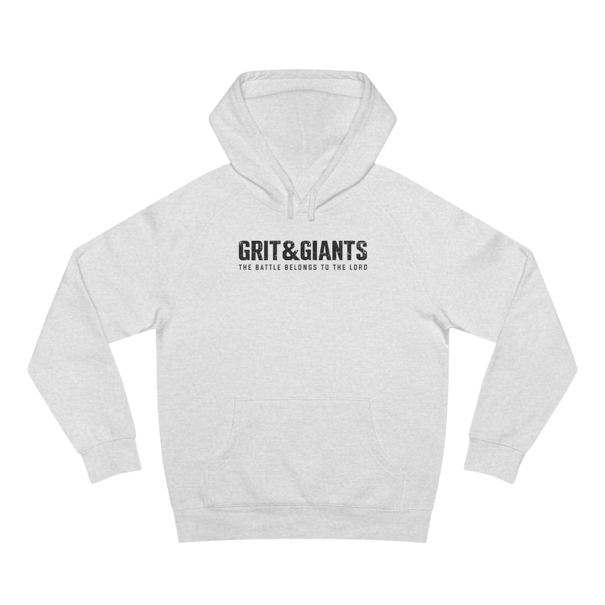 White Heather Grit & Giants Foundation Hoodie featuring The Battle Belongs to the Lord front graphic.