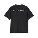 Back of the black Grit & Giants Heavyweight Tee featuring Psalm XVIII.