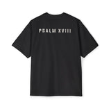 Back of the black Grit & Giants Heavyweight Tee featuring Psalm XVIII.