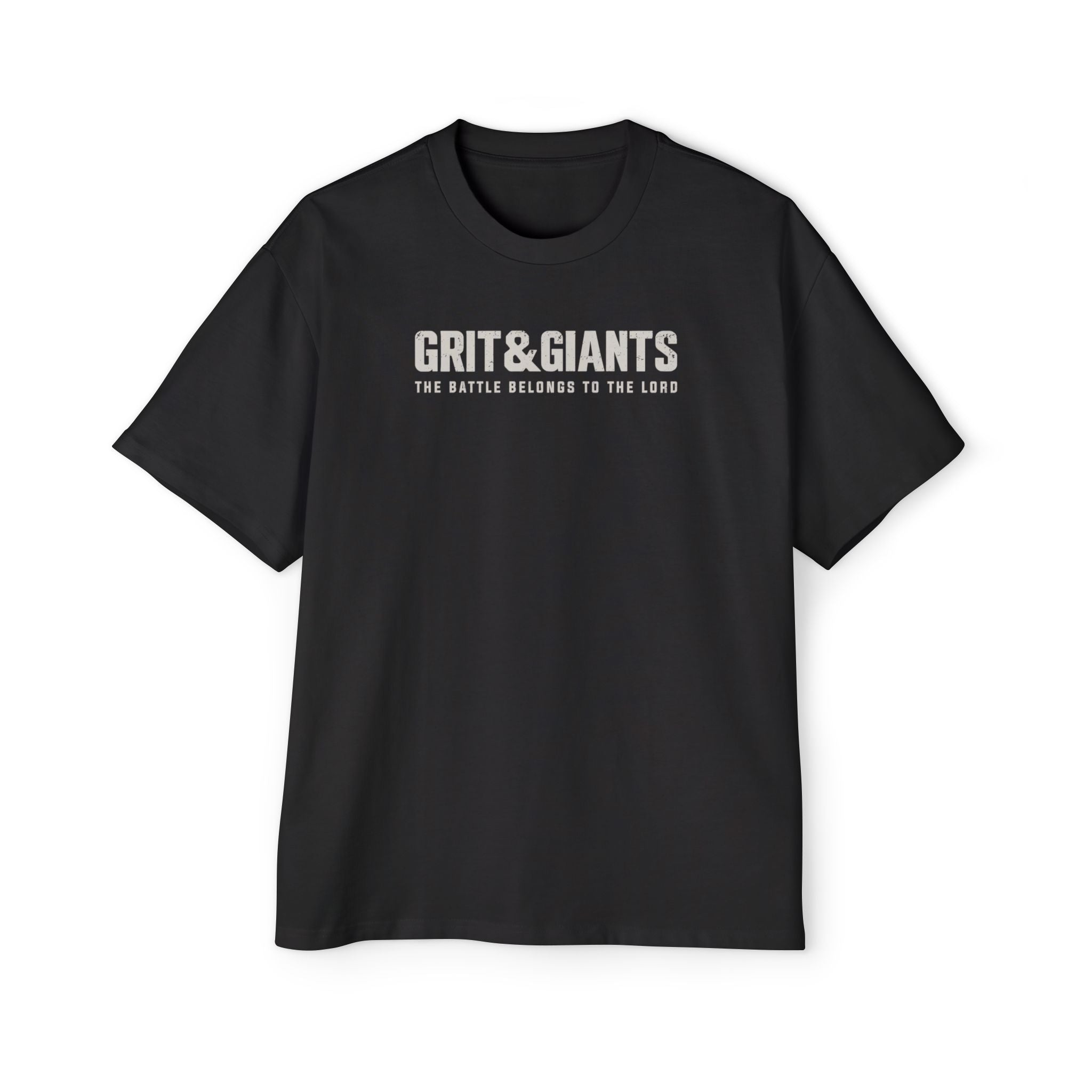 Black Grit & Giants Heavyweight Tee featuring The Battle Belongs to the Lord front graphic.