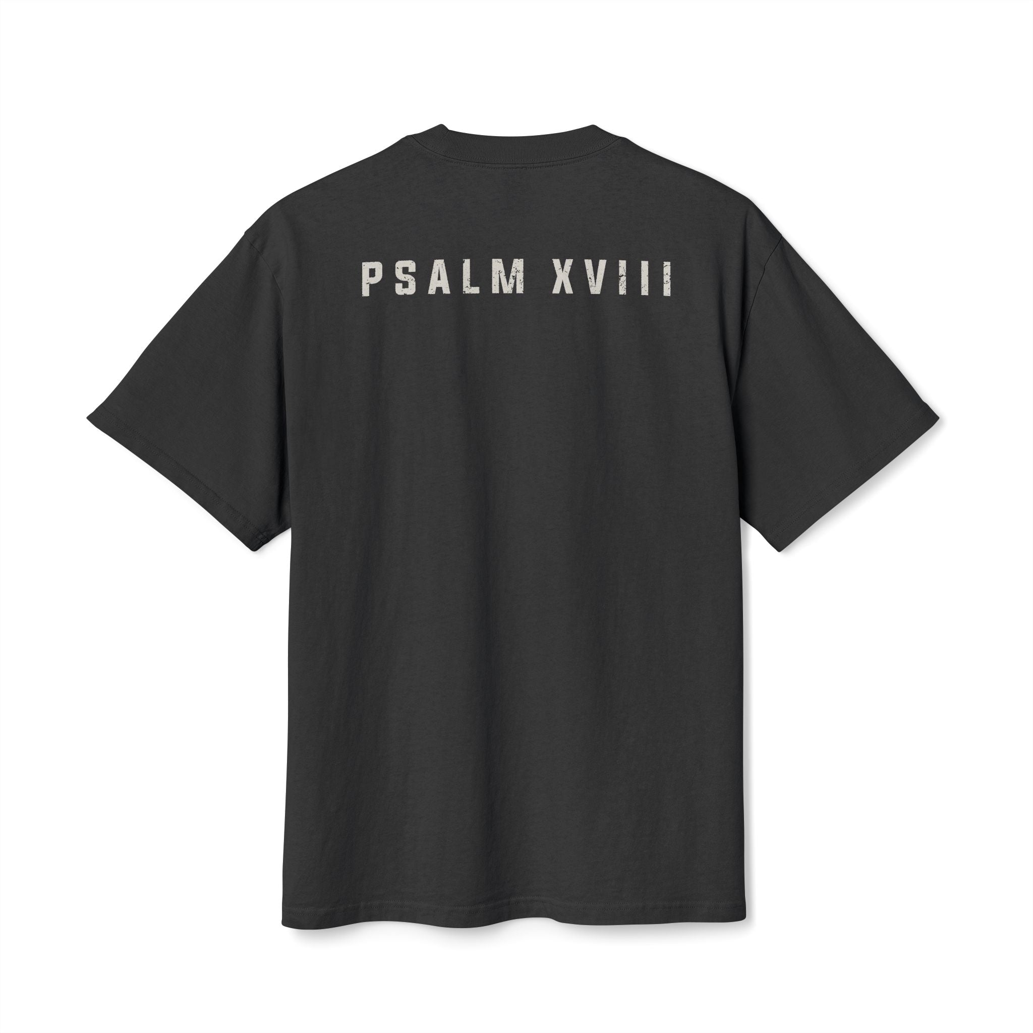 Back of Faded Black Grit & Giants Heavyweight Tee featuring Psalm XVIII.