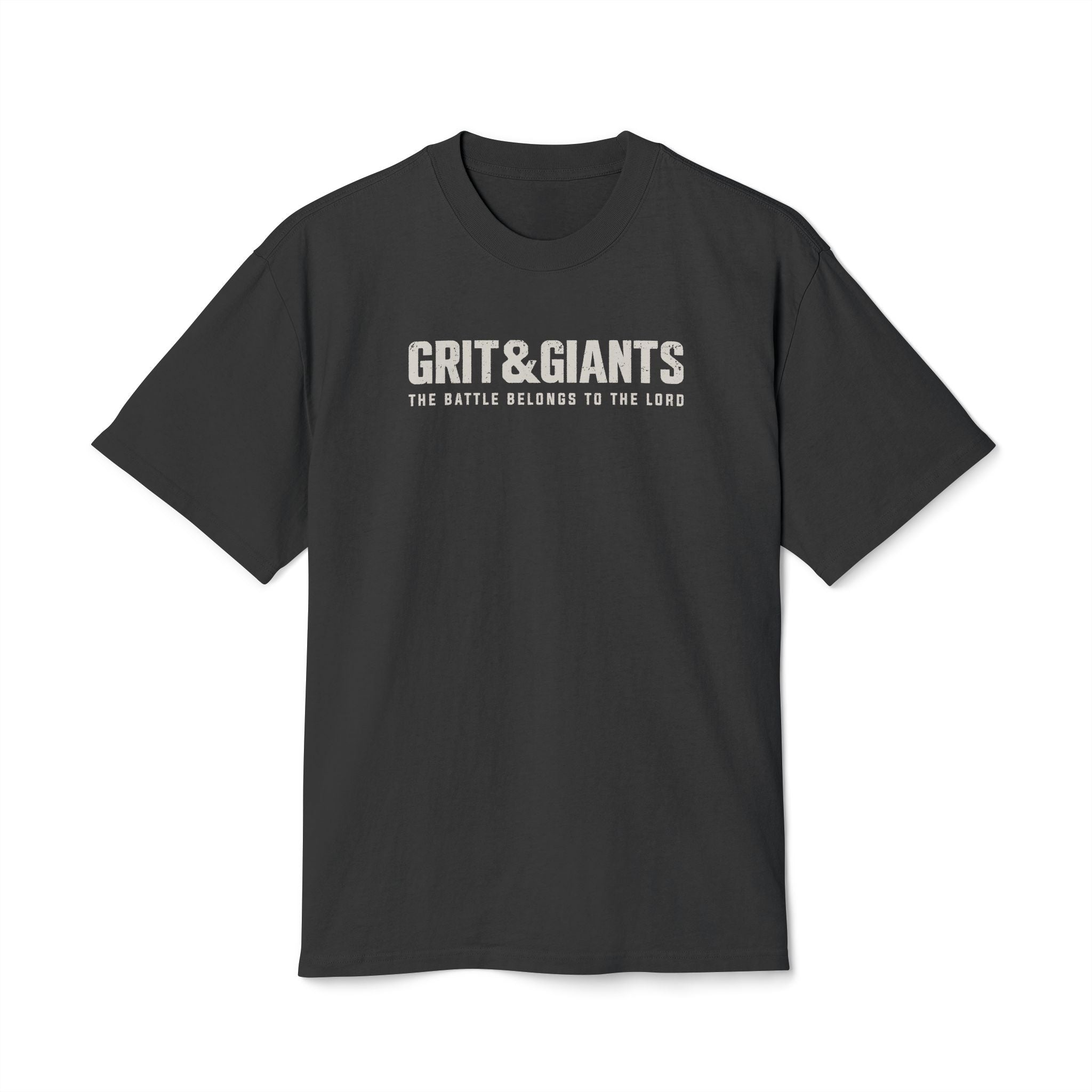 Faded Black Grit & Giants Heavyweight Tee featuring The Battle Belongs to the Lord front graphic.