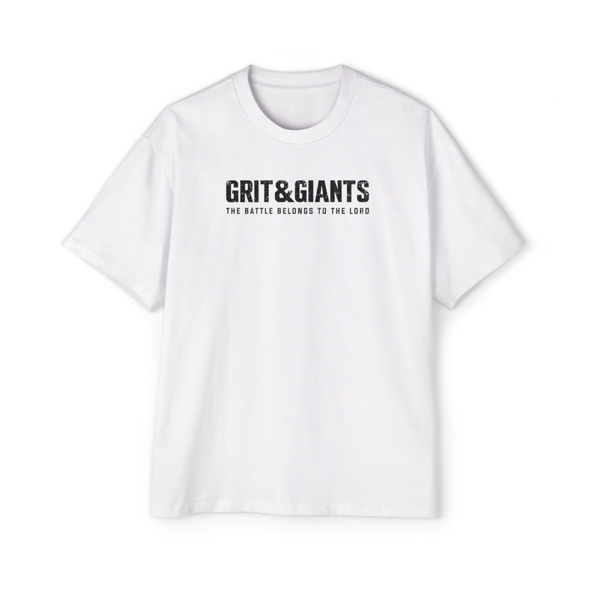 Front of the white Grit & Giants Heavyweight Tee featuring The Battle Belongs to the Lord.