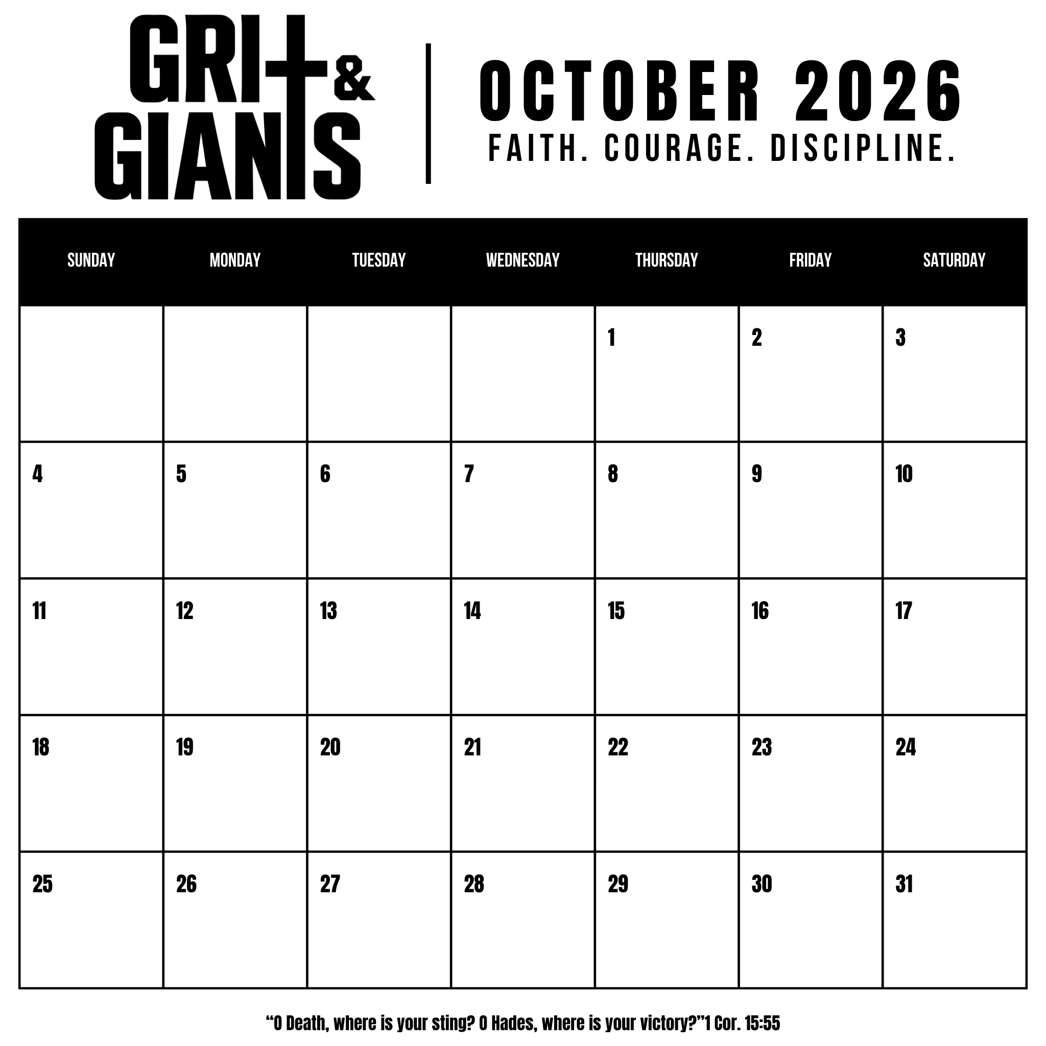Grit & Giants October 2026 printable calendar featuring Faith, Courage, Discipline.