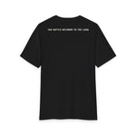 Back of the black Grit & Giants Overcomer Training Tee featuring The Battle Belongs to the Lord.