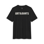 Front of the black Grit & Giants Overcomer Training Tee with Grit & Giants chest graphic.