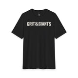 Front of the black Grit & Giants Overcomer Training Tee with Grit & Giants chest graphic.