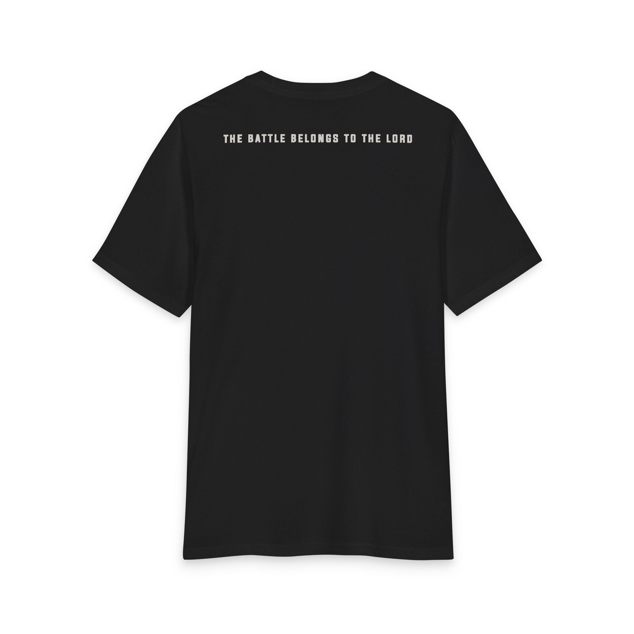 Back of the Black Frost Grit & Giants Overcomer Training Tee with The Battle Belongs to the Lord text.