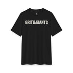 Front of the Black Frost Grit & Giants Overcomer Training Tee with Grit & Giants chest graphic.