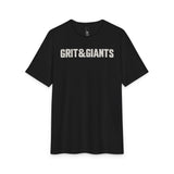Front of the Black Frost Grit & Giants Overcomer Training Tee with Grit & Giants chest graphic.