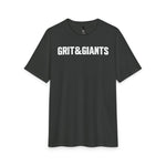 Front of the Deepest Grey Grit & Giants Overcomer Training Tee with white logo.