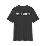 Front of the Deepest Grey Grit & Giants Overcomer Training Tee with white logo.
