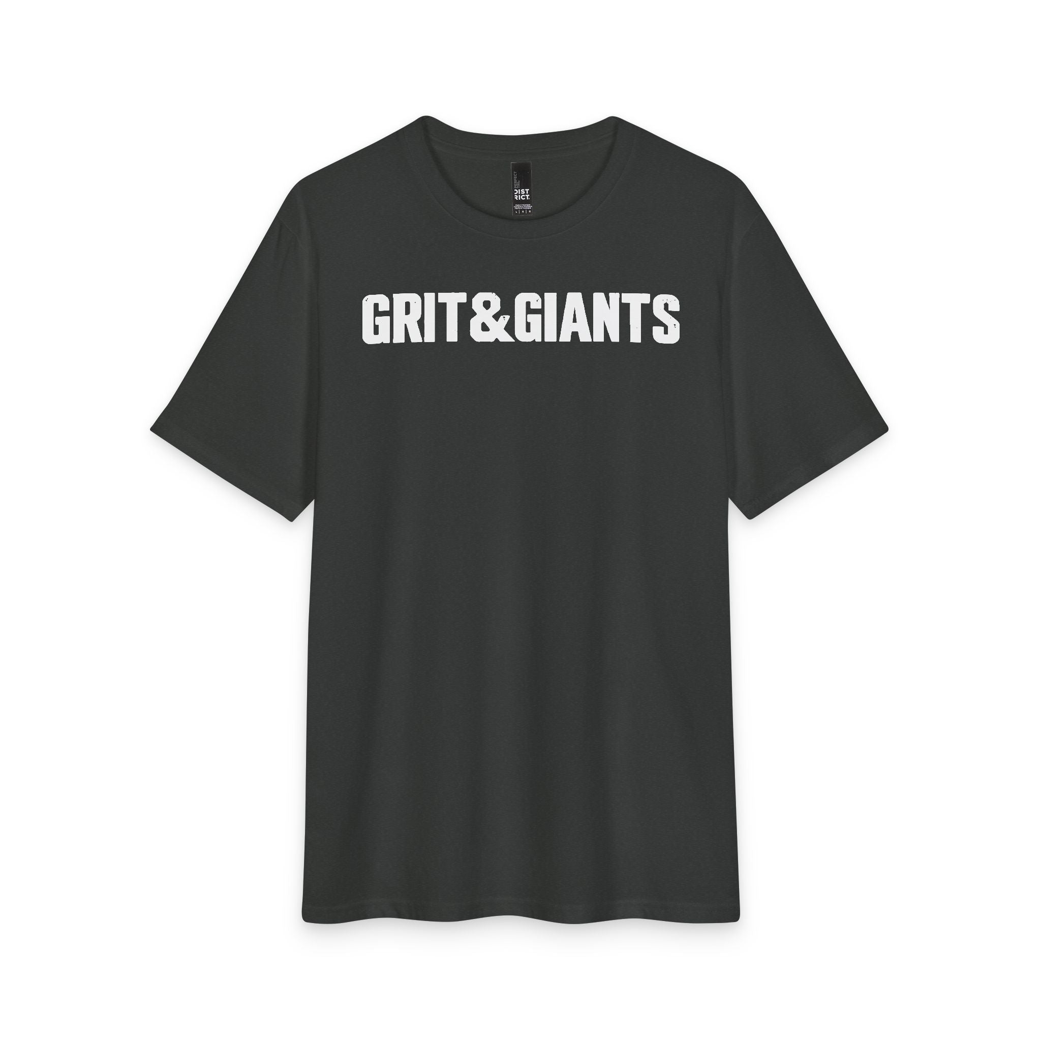 Front of the Deepest Grey Grit & Giants Overcomer Training Tee with white logo.