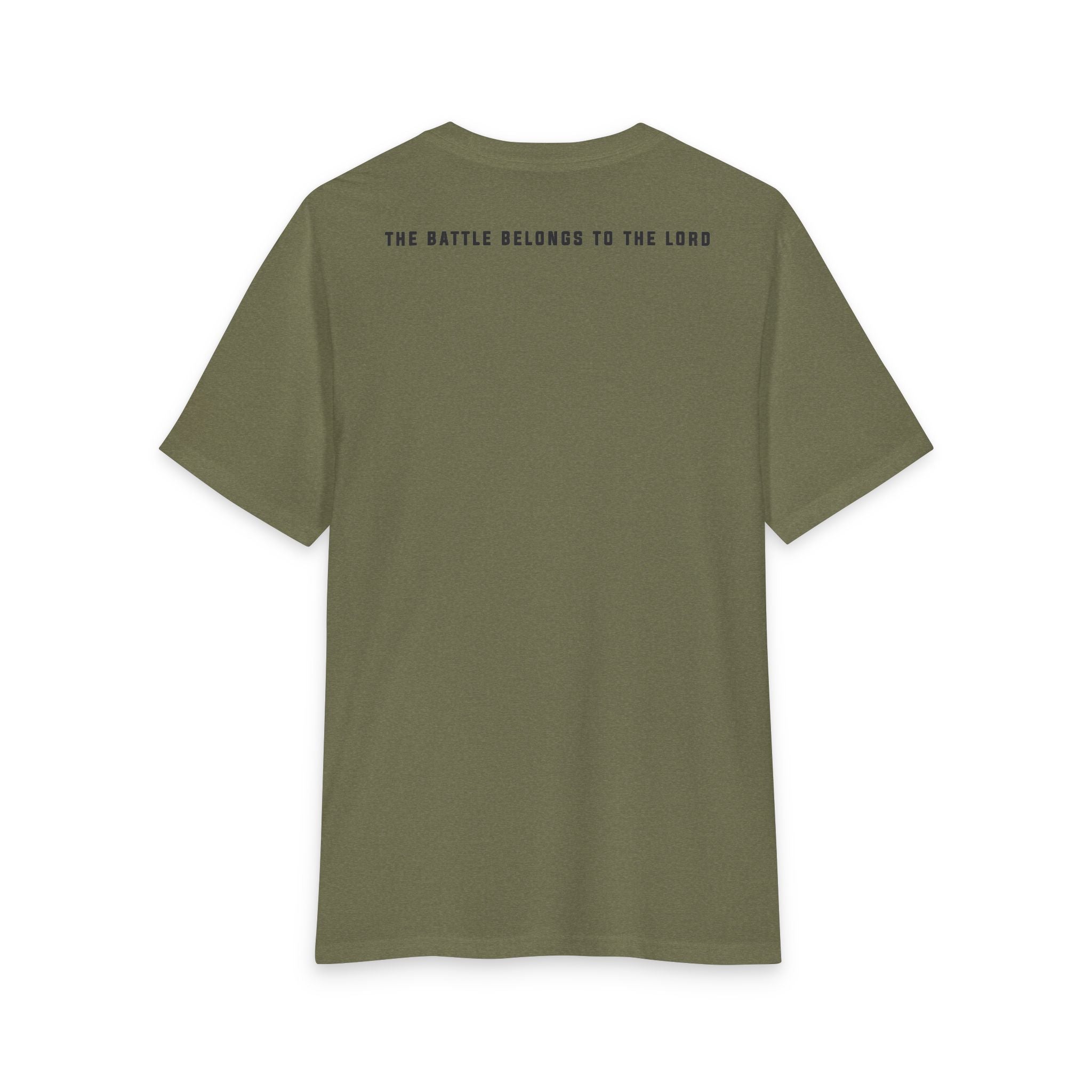 Back of the Military Green Grit & Giants Overcomer Training Tee with The Battle Belongs to the Lord print.