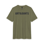 Front of the Military Green Grit & Giants Overcomer Training Tee with black logo.