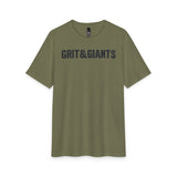 Front of the Military Green Grit & Giants Overcomer Training Tee with black logo.