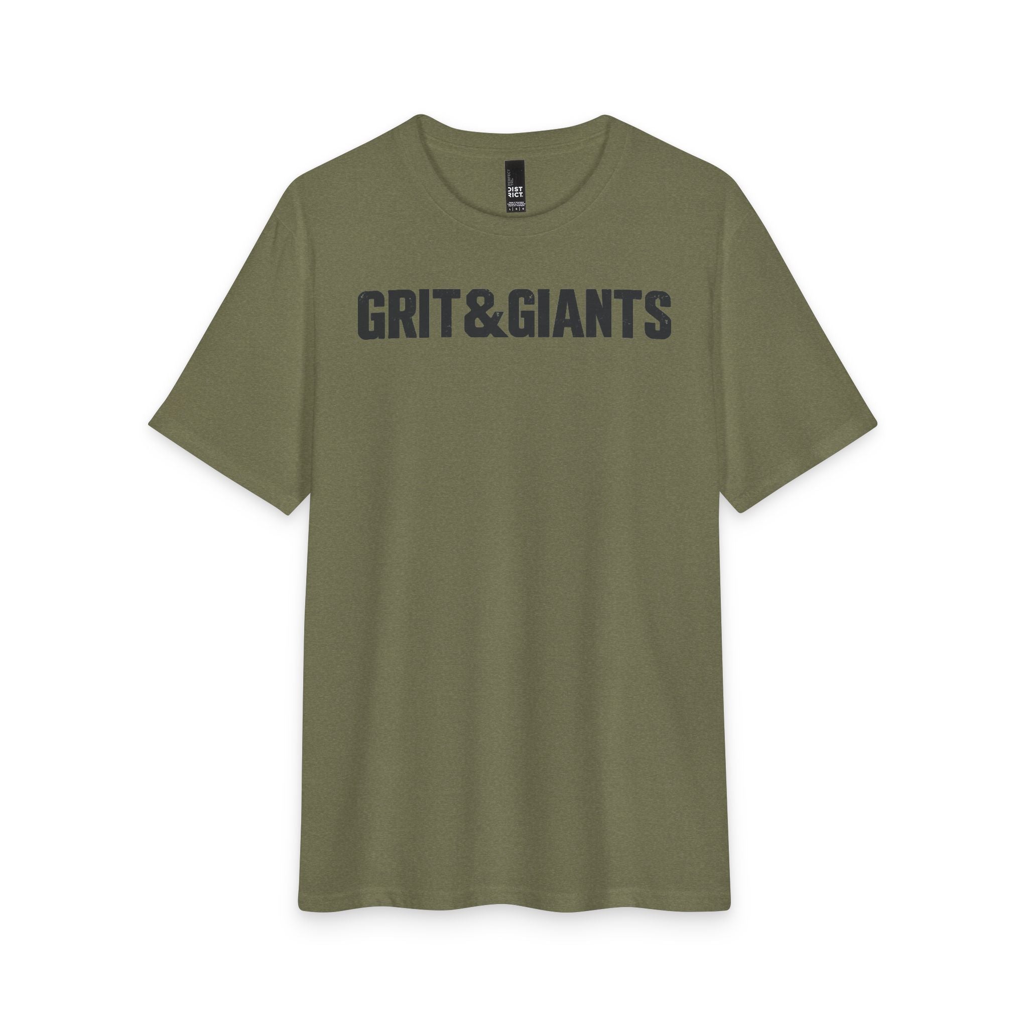 Front of the Military Green Grit & Giants Overcomer Training Tee with black logo.