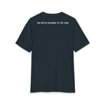 Back of the New Navy Grit & Giants Overcomer Training Tee with The Battle Belongs to the Lord print.