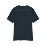 Back of the New Navy Grit & Giants Overcomer Training Tee with The Battle Belongs to the Lord print.