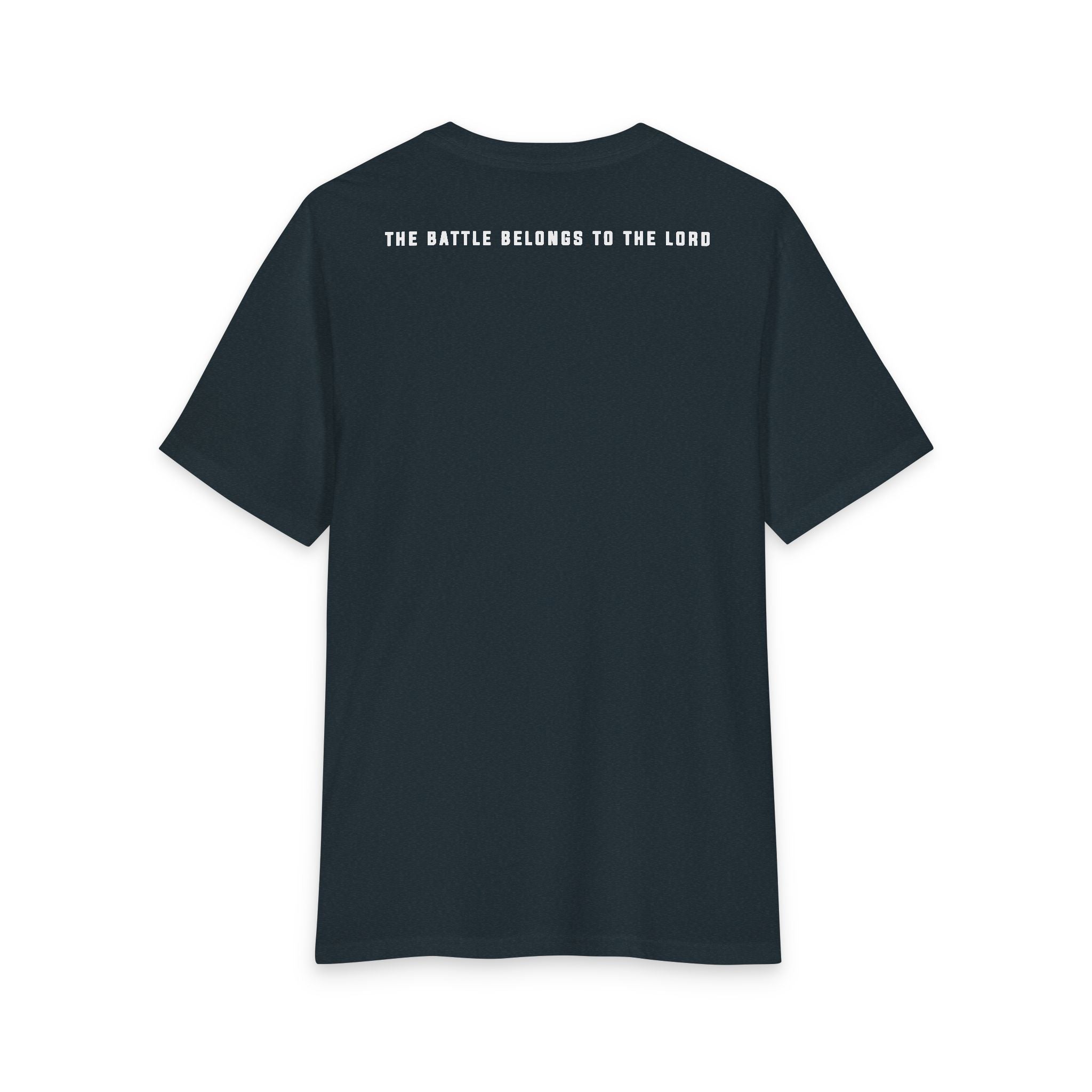 Back of the New Navy Grit & Giants Overcomer Training Tee with The Battle Belongs to the Lord print.
