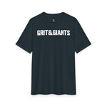 Front of the New Navy Grit & Giants Overcomer Training Tee with white logo.