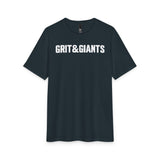 Front of the New Navy Grit & Giants Overcomer Training Tee with white logo.