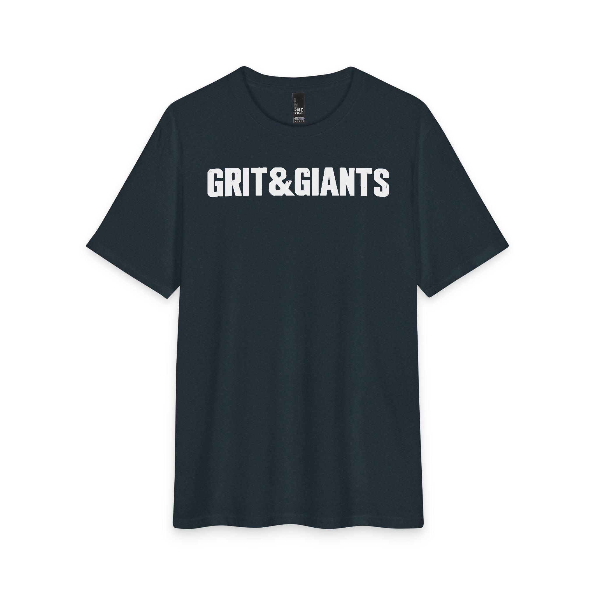 Front of the New Navy Grit & Giants Overcomer Training Tee with white logo.