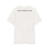 Back of the White Smoke Grit & Giants Overcomer Training Tee with The Battle Belongs to the Lord print.