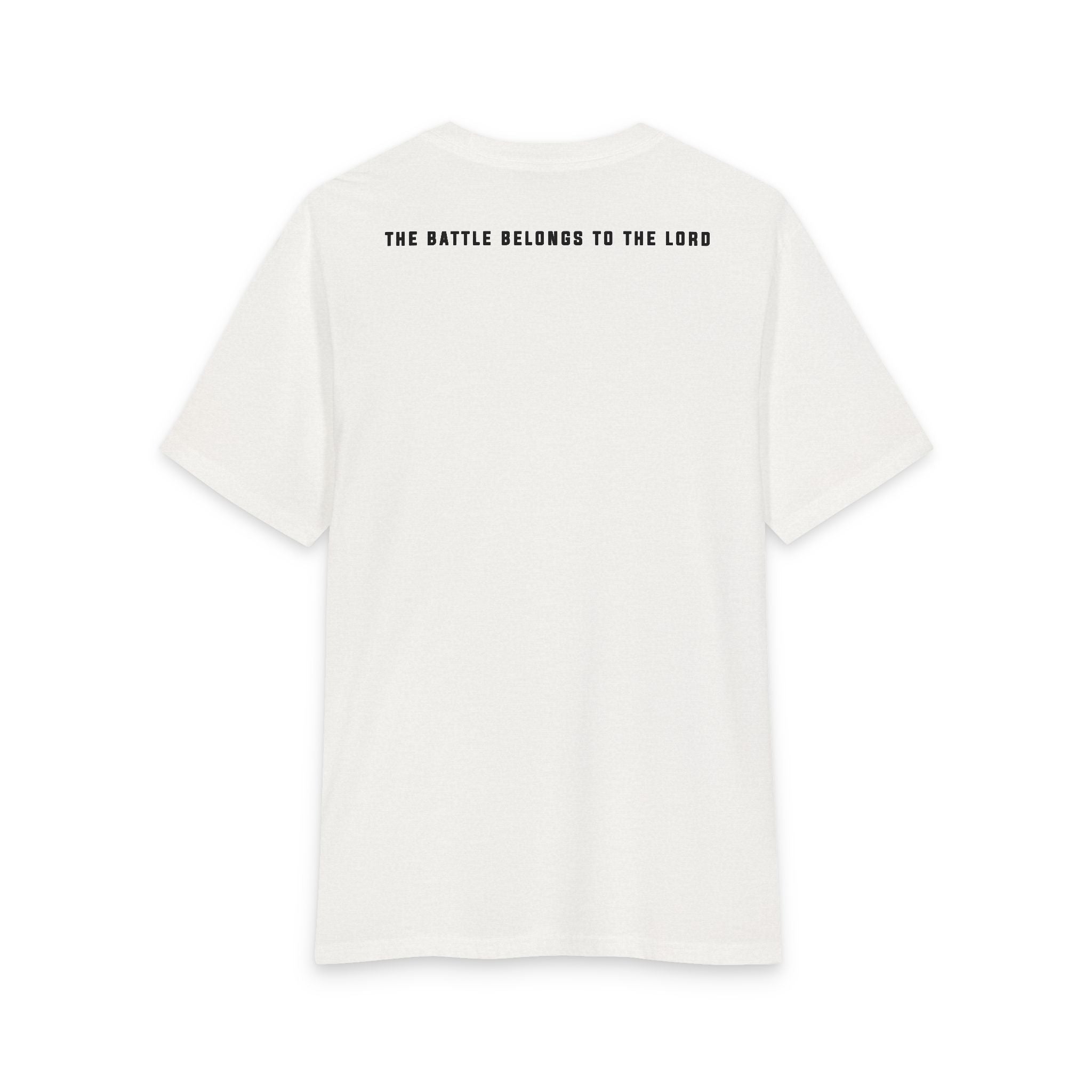 Back of the White Smoke Grit & Giants Overcomer Training Tee with The Battle Belongs to the Lord print.