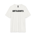 Front of the White Smoke Grit & Giants Overcomer Training Tee with black logo.