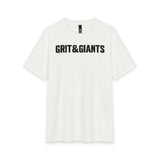 Front of the White Smoke Grit & Giants Overcomer Training Tee with black logo.