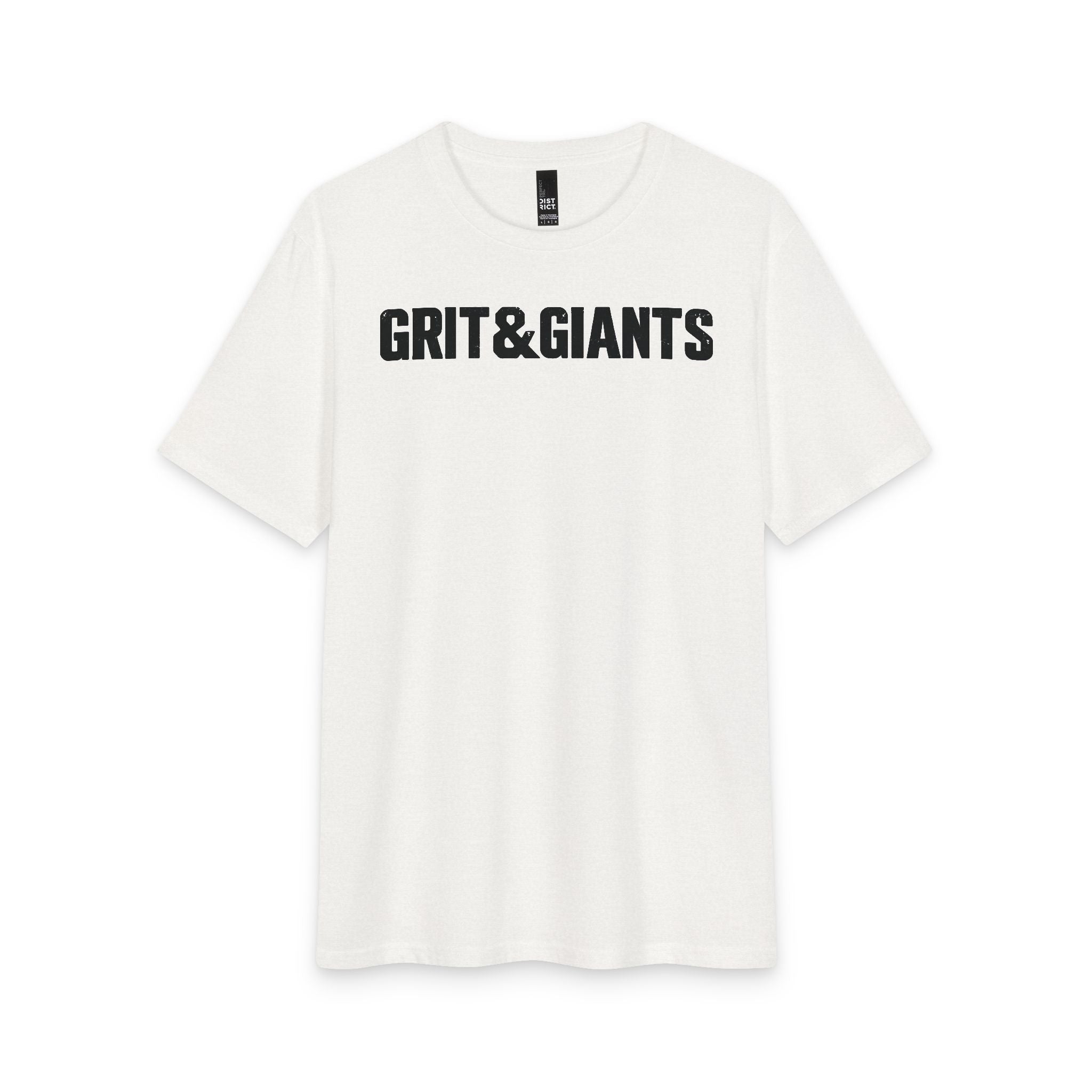 Front of the White Smoke Grit & Giants Overcomer Training Tee with black logo.