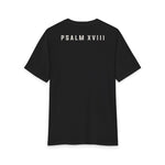 Back product view of black Grit & Giants Refuge Training Tee featuring Psalm XVIII.