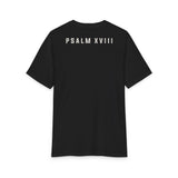 Back product view of black Grit & Giants Refuge Training Tee featuring Psalm XVIII.