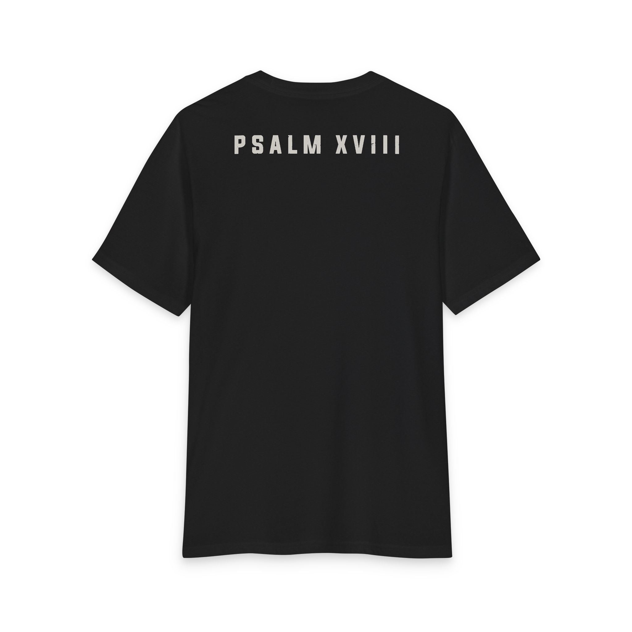 Back product view of black Grit & Giants Refuge Training Tee featuring Psalm XVIII.