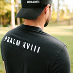 Back of black Grit & Giants Refuge Training Tee featuring Psalm XVIII.