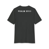 Back of Deepest Grey Grit & Giants Refuge Training Tee featuring Psalm XVIII.