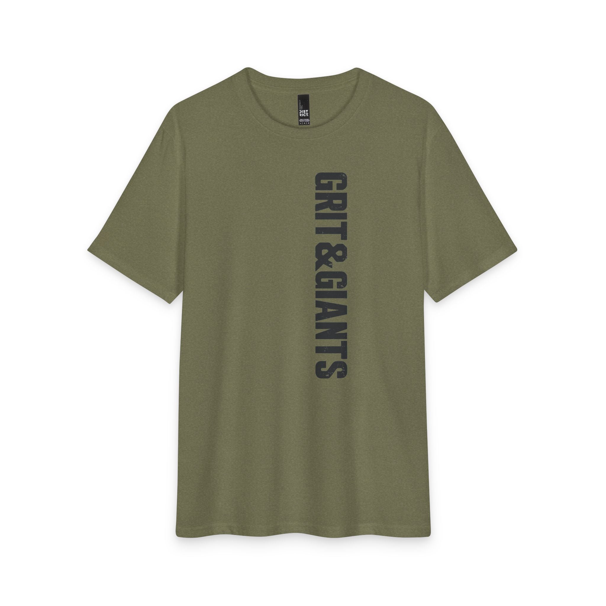 Military Green Grit & Giants Refuge Training Tee featuring the vertical front logo.