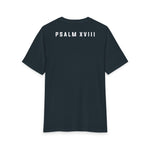 Back of New Navy Grit & Giants Refuge Training Tee featuring Psalm XVIII.