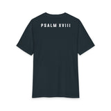 Back of New Navy Grit & Giants Refuge Training Tee featuring Psalm XVIII.
