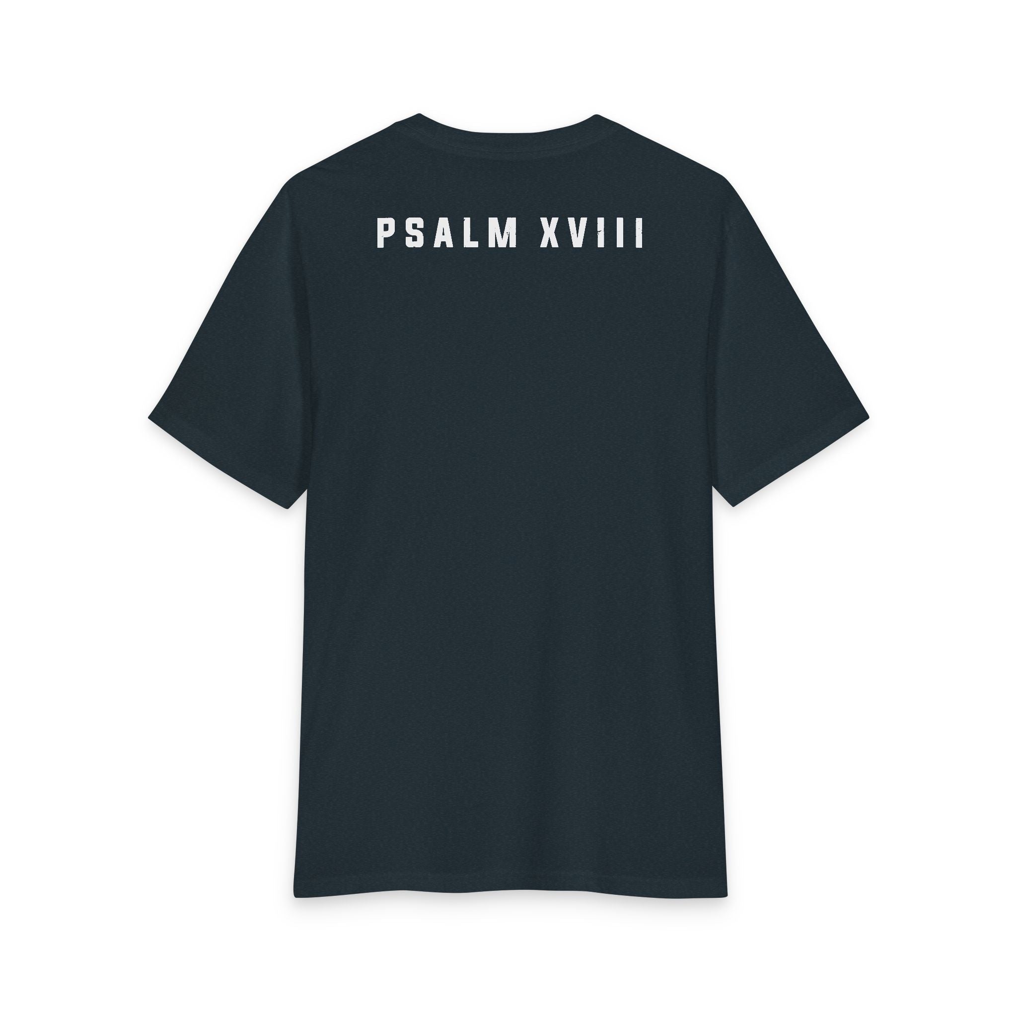 Back of New Navy Grit & Giants Refuge Training Tee featuring Psalm XVIII.