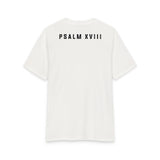 Back of White Smoke Grit & Giants Refuge Training Tee featuring Psalm XVIII.
