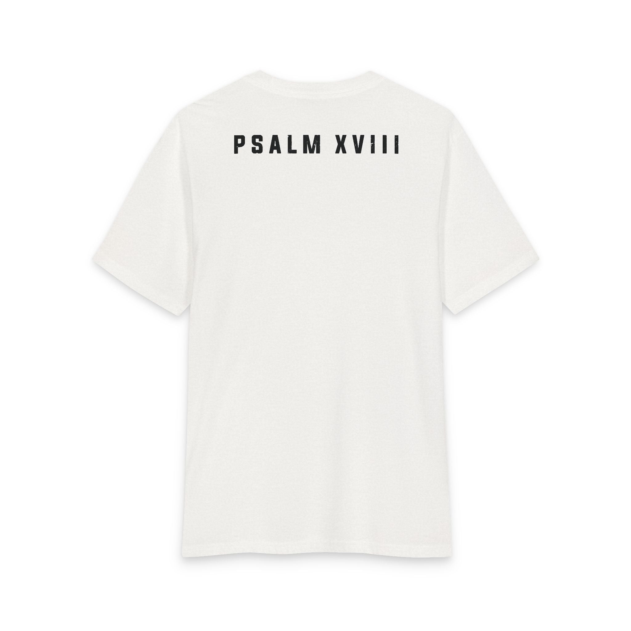 Back of White Smoke Grit & Giants Refuge Training Tee featuring Psalm XVIII.
